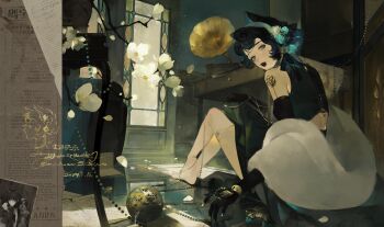 1girl absurdres animal_ears baichuan_baichuan beads black_gloves black_hair blue_eyes blue_flower branch detached_sleeves falling_petals flower fur_shawl gloves hair_flower hair_ornament highres indoors lips long_sleeves looking_at_viewer original parted_lips petals phonograph shawl short_hair sidelocks sitting skirt solo table watermark white_flower white_shawl