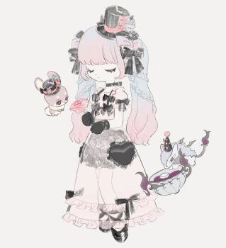1girl black_choker black_gloves black_shoes black_skirt bow choker closed_eyes closed_mouth cornu_lepus_(livly_island) creature cup dress floating flower frilled_dress frills full_body gloves hair_bow hat hat_flower holding holding_flower jackalope livly livly_island long_hair mini_hat mini_top_hat multicolored_hair multiple_hair_bows party_hat pink_flower pink_hair pink_rose rose see-through_clothes see-through_dress shoes skirt teacup top_hat twintails two-tone_hair ukuktgu volf_(livly_island)