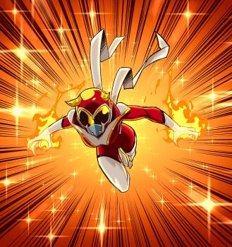 1girl absurdres bodysuit breasts claws commentary fake_horns fire full_body helmet highres horned_helmet horns medium_breasts motion_lines mrmiguelart multicolored_bodysuit orange_background original power_rangers red_bodysuit red_helmet solo sparkle_background speed_lines tokusatsu two-tone_bodysuit