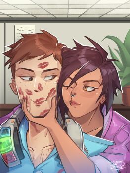 after_kiss artist_name artisticfelixd black_hair brown_eyes brown_hair cheek_squash collarbone commentary dark-skinned_female dark_skin dispatch face_piercing headset_removed highres indoors invisigal_(dispatch) looking_at_another looking_to_the_side nose_piercing nose_ring one_eye_closed piercing robert_robertson short_hair yellow_eyes