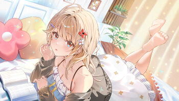 1girl absurdres ahoge azna bed_sheet blush breasts brown_eyes brown_hair cardigan cleavage collarbone commentary_request curtains dress feet_up flower grey_cardigan hair_flower hair_ornament hairclip highres indoors iriam long_hair looking_at_viewer lying medium_breasts on_bed on_stomach open_mouth picture_frame pillow plant potted_plant sidelocks soles solo the_pose toes virtual_youtuber white_dress