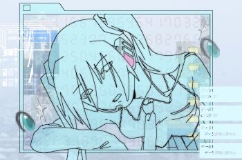 1girl bare_shoulders blue_theme collage_(medium) collared_shirt commentary cursor detached_sleeves double-parted_bangs elbow_rest expressionless eyes_visible_through_hair glowing hair_between_eyes half-closed_eyes hatsune_miku head_tilt headset icon_(computing) long_hair long_sleeves looking_at_viewer necktie notification open_mouth pleated_skirt shirt sidelocks skirt sleeveless sleeveless_shirt solo star_(symbol) through_medium through_screen twintails untranslatable_commentary untucked_shirt user_interface vocaloid window_(computing) yanagi_(mimimikuri)