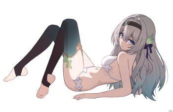 1girl absurdres arm_support black_hairband black_thighhighs breasts firefly_(honkai:_star_rail) from_side gradient_thighhighs grey_hair hairband highres honkai:_star_rail honkai_(series) knees_up long_hair looking_at_viewer lying medium_breasts on_back reclining simple_background solo stirrup_legwear thighhighs toeless_legwear underwear underwear_only white_background x_xith_x