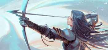 1boy armor arms_up arrow_(projectile) black_hair blue_eyes bow_(weapon) braid breastplate drawing_bow fantasy fingon hashtag-only_commentary highres holding holding_bow_(weapon) holding_weapon long_hair male_focus outstretched_arm pan_brooke pauldrons profile shoulder_armor solo the_silmarillion tolkien&#039;s_legendarium weapon
