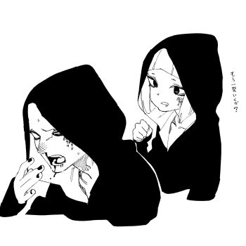 1boy 1girl bleeding blood blood_on_face face_piercing facial_tattoo highres hood hood_up hoodie injury lip_piercing looking_at_another monochrome nosebleed open_mouth original piercing short_hair simple_background sketch tattoo untsuku upper_body