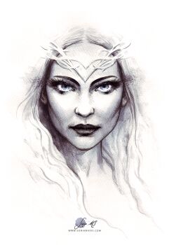 1girl artist_name blonde_hair blue_eyes closed_mouth elf galadriel glowing greyscale long_hair looking_at_viewer monochrome pointy_ears queen signature solo sonia_matas the_lord_of_the_rings tolkien's_legendarium watermark web_address white_background