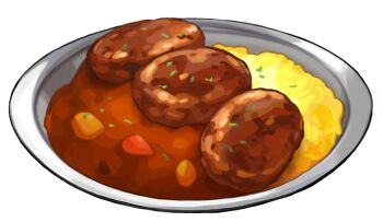 artist_request curry curry_rice food food_focus game_cg garnish hamburger_steak nintendo no_humans official_art plate pokemon pokemon_swsh rice third-party_source transparent_background