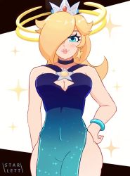 1girl :3 alternate_costume animated artist_name bare_shoulders black_choker blonde_hair blue_dress blue_eyes blush blush_stickers borrowed_design bouncing_breasts bracelet breasts brooch choker cleavage_cutout closed_mouth clothing_cutout covered_navel cowboy_shot crown dress female_focus gem gradient_clothes gradient_dress grey_headwear hair_flaps hair_over_one_eye hand_on_own_hip happy hip_focus impossible_clothes jewelry lipstick long_hair looking_at_viewer looping_animation lowres makeup mario_(series) medium_breasts nintendo one_eye_covered pelvic_curtain pink_lips rosalina side_slit signature sleeveless sleeveless_dress smile solo sparkle standing star_(symbol) starlett straight-on super_mario_galaxy unmoving_pattern video walking white_background yellow_gemstone