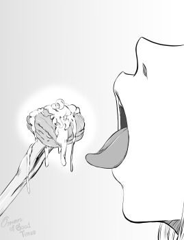 cum eating food greyscale helltaker highres lucifer_(helltaker) monochrome non-web_source pancake tongue tongue_out