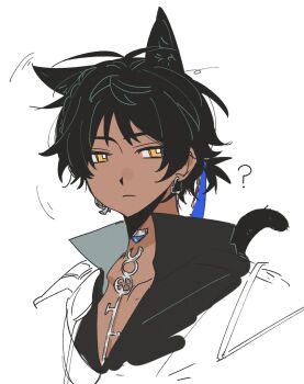 Rule 34 | 1boy, ?, animal ears, antenna hair, arknights, black hair, black shirt, bright pupils, cat boy, cat ears, cat tail, closed mouth, commentary, cropped shoulders, dark-skinned male, dark skin, earrings, english commentary, half crown braid, high collar, highres, jewelry, kemonomimi mode, looking at viewer, male focus, necklace, pectoral cleavage, pectorals, ponytail, reno shanqing, shirt, short hair, short ponytail, solo, tail, thorns (arknights), thorns the lodestar (arknights), unfinished, white pupils, wispy bangs, yellow eyes