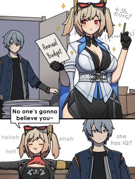 1boy 1girl absurdres black_dress black_gloves blonde_hair breasts burnice_white closed_eyes commentary cosplay dorahdew dress english_commentary english_text eyewear_on_head gloves grey_hair highres holding holding_paper jacket large_breasts lucilla_(wuthering_waves) lucilla_(wuthering_waves)_(cosplay) paper sunglasses surprised sweatdrop twintails white_jacket wise_(zenless_zone_zero) wuthering_waves zenless_zone_zero