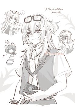 1girl ? absurdres alternate_costume animal_charm book camera charm_(object) closed_mouth collared_shirt commentary egg eyewear_on_head glasses greyscale hair_between_eyes highres holding holding_book holding_camera holding_egg honkai:_star_rail honkai_(series) lanyard light_smile long_hair looking_at_viewer monochrome multiple_views necktie one_side_up open_book ryn_torishiba shirt short_sleeves speech_bubble spoken_question_mark stelle_(chimerric_park)_(honkai:_star_rail) stelle_(honkai:_star_rail) symbol-only_commentary taking_picture trailblazer_(honkai:_star_rail) twitter_username vest