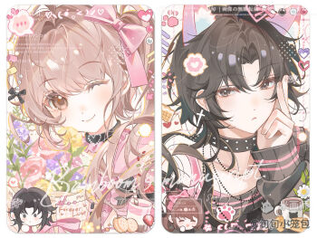 1boy 1girl ;) animal_ear_fluff animal_ears black_choker black_shirt blonde_hair border brown_eyes cat_boy cat_ears choker closed_mouth long_hair long_sleeves looking_at_viewer mihuashi_username one_eye_closed original parted_bangs portrait shirt smile watermark white_border xun_xun_xiaolongbao