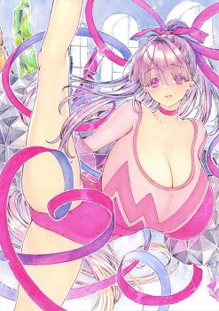 1girl blush breasts chikinan_tarou claw_(weapon) cleavage fate/grand_order fate_(series) grin hair_ribbon high_ponytail highleg highleg_leotard highres huge_breasts leotard long_hair long_sleeves looking_at_viewer painting_(medium) passionlip_(fate) passionlip_(swimsuit_saber)_(second_ascension)_(fate) pink_eyes pink_leotard pink_ribbon ponytail purple_hair ribbon sleeved_leotard smile solo split standing standing_on_one_leg standing_split thighs traditional_media very_long_hair watercolor_(medium) weapon