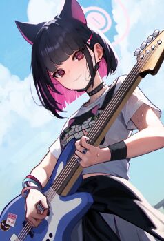 1girl animal_ears bass_guitar black_choker black_hair black_jacket black_mask blue_archive blue_sky blunt_bangs cat_ears choker closed_mouth clothes_around_waist cloud colored_inner_hair commentary_request day earclip earrings extra_ears halo highres holding holding_instrument instrument jacket jacket_around_waist jewelry kazusa_(band)_(blue_archive) kazusa_(blue_archive) looking_down mask mask_around_neck mellow_(srpp4843) mouth_mask multicolored_hair multiple_rings music official_alternate_costume outdoors pink_eyes pink_hair pink_halo playing_instrument ring shirt short_hair short_sleeves skirt sky solo stud_earrings sweat white_shirt white_skirt