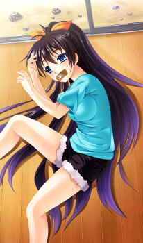 Rule 34 | 1girl, absurdres, black hair, blue eyes, colored eyelashes, female focus, gag, gagged, ganaha hibiki, highres, idolmaster, idolmaster (classic), improvised gag, kouichi eiji, long hair, ponytail, solo, tape, tape gag, very long hair