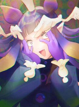 Rule 34 | 1girl, :d, absurdres, black dress, commentary, dress, fang, gloves, gradient hair, head wings, highres, hito (maruhito), hololive, hololive english, long sleeves, looking at viewer, multicolored hair, ninomae ina'nis, open mouth, orange hair, peeking through fingers, puffy long sleeves, puffy sleeves, purple gloves, purple hair, smile, solo, tako takover (ninomae ina'nis), upper body, virtual youtuber, wide-eyed, wings