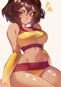 1girl alternate_costume bikini breasts brown_hair cat_girl commentary curvy dark-skinned_female dark_skin english_commentary fang furry furry_female gameoverse grin half-closed_eye highres kit_bodega large_breasts looking_at_viewer lowleg lowleg_bikini medium_hair multicolored_bikini navel notice_lines official_alternate_costume purple_eyes raised_eyebrow red_bikini red_eyes short_hair simple_background smile solo suliavtuber sweat swimsuit thick_thighs thighs two-tone_bikini uneven_eyes whiskers white_background wide_hips yellow_bikini