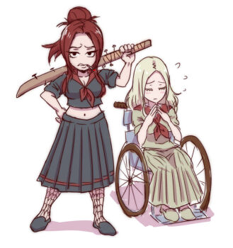 Rule 34 | 2girls, akairiot, alternate costume, baseball bat, black shirt, black shoes, black skirt, blush, breasts, chaos witch quelaag, cigarette, cleavage, closed eyes, commentary, dark souls (series), dark souls i, delinquent, english commentary, full body, grey hair, grey shirt, grey skirt, hair bun, humanization, large breasts, long skirt, looking at viewer, midriff, multiple girls, nail (hardware), nail bat, navel, neckerchief, parted hair, pleated skirt, quelaag's sister, red neckerchief, red sailor collar, sailor collar, school uniform, serafuku, shirt, shoes, short sleeves, siblings, simple background, single hair bun, sisters, sitting, skirt, standing, sukeban, wheelchair, white background