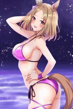 1girl :d animal_ears bikini blonde_hair breasts commentary_request cowboy_shot ear_covers gradient_eyes hair_ornament hand_on_own_hip horse_ears horse_girl horse_tail large_breasts looking_at_viewer looking_to_the_side medium_breasts multicolored_eyes narita_top_road_(umamusume) nitamako_(sakamalh) open_mouth parted_bangs purple_background purple_eyes side-tie_bikini_bottom single_ear_cover smile solo star_(sky) starry_sky_background swimsuit tail umamusume yellow_eyes