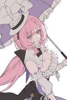 Rule 34 | 1girl, blue eyes, breasts, cleavage, collar, dress, elysia (honkai impact), elysia (sweet memories) (honkai impact), hat, highres, holding, holding umbrella, honkai (series), honkai impact 3rd, large breasts, long hair, neon (pixiv 31150749), official alternate costume, parasol, parted lips, pink hair, pink pupils, sidelocks, simple background, smile, solo, umbrella, unfinished, white background, white collar, white dress, white hat