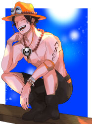 Rule 34 | 1boy, 2elu2, absurdres, arm tattoo, bead necklace, beads, black footwear, black hair, black shorts, border, bracelet, closed eyes, freckles, full body, happy, hat, highres, jewelry, light particles, male focus, necklace, one piece, open mouth, orange hat, pectorals, portgas d. ace, short hair, shorts, squatting, tattoo, teeth, white border