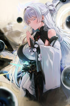 1girl absurdres bare_shoulders bead_bracelet beads blance blush bracelet breasts bridal_gauntlets closed_mouth colored_eyelashes commentary_request detached_sleeves earrings goddess_of_victory:_nikke hair_intakes highres huge_breasts jewelry korean_commentary long_hair mandarin_collar mechanical_arms nayuta_(nikke) one_eye_closed single_mechanical_arm solo split-color_clothes thick_eyelashes unusually_open_eyes very_long_hair white_eyelashes white_hair wide_sleeves