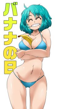 Rule 34 | 1girl, :d, ^ ^, ahoge, aono3, aqua hair, banana, bikini, blue bikini, blue eyes, blue hair, breasts, closed eyes, curvy, facing viewer, female focus, food, fruit, grin, heterochromia, karakasa obake, large breasts, matching hair/eyes, navel, open mouth, red eyes, sexually suggestive, short hair, simple background, skindentation, smile, solo, standing, swimsuit, tatara kogasa, thigh gap, thighs, touhou, umbrella, white background, wide hips