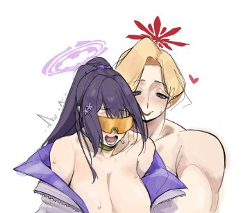 Rule 34 | 2girls, ^^^, akemi (blue archive), blue archive, breasts, cleavage, commentary request, denpatou, highres, large breasts, multiple girls, muscular, muscular female, nipples out of frame, out-of-frame censoring, simple background, sketch, sumire (blue archive), sunglasses, sweat, tareme, trembling, white background, yuri