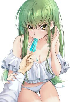 1boy 1girl absurdres bare_shoulders bikini breasts budgiepon c.c. cleavage code_geass food green_hair highres holding holding_food long_hair looking_at_viewer off-shoulder_bikini off_shoulder popsicle simple_background sitting swimsuit thighs very_long_hair white_background white_bikini yellow_eyes