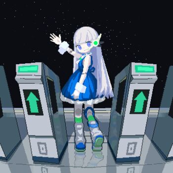1girl aiobahn android animated animated_gif artist_request blinking blue_dress blue_eyes blunt_bangs closed_mouth dress fare_gate full_body grey_hair hand_up joints long_hair looking_at_viewer lowres open_hand outdoors pixel_art reflective_floor robot_joints second-party_source shoe_soles shoes shooting_star sky smile solo standing star_(sky) starry_sky waving wrist_cuffs