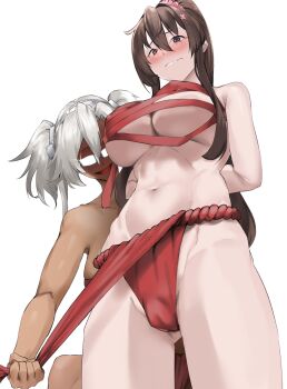 2girls arms_behind_back blush breasts brown_eyes brown_hair budget_sarashi cameltoe chest_sarashi covered_erect_nipples dark-skinned_female dark_skin embarrassed evil_smile flower frontal_wedgie fundoshi fundoshi_pull glasses glint glowing_glasses gluteal_fold grey_hair hair_between_eyes hair_flower hair_ornament headband headgear high_ponytail highres hip_focus humiliation japanese_clothes kantai_collection large_breasts long_hair multiple_girls musashi_(kancolle) navel opaque_glasses open_mouth pink_flower ponytail pulling_another&#039;s_clothes red_fundoshi red_ribbon restrained ribbon sarashi sebakanken smile twintails wavy_mouth wedgie white_background yamato_(kancolle)
