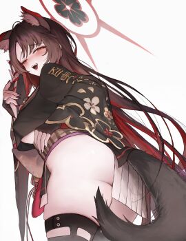 1girl absurdres animal_ear_fluff animal_ears ass black_hair black_kimono black_nails blue_archive colored_inner_hair eyeshadow floral_print_sleeves fox_ears fox_girl fox_mask fox_tail from_side halo hand_on_own_hip highres holding holding_mask japanese_clothes kimono long_hair looking_at_viewer makeup mask monochrome multicolored_hair red_halo se_tu_(55559229) smile solo tail wakamo_(blue_archive) white_background