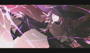 Rule 34 | 1girl, alternate universe, bad end, black dress, blood, blood from forehead, casting spell, cheonyeon-hi, commentary, dress, english commentary, flower, flower in hat, hat, herta (honkai: star rail), highres, honkai: star rail, honkai (series), lightning, long sleeves, purple flower, staff, the herta (honkai: star rail), white hair, witch hat