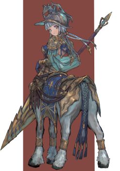 1girl absurdres armor barding braid braided_tail centaur chinese_zodiac commentary_request expressionless from_behind grey_hair helmet highres holding holding_polearm holding_weapon lance long_hair looking_at_viewer looking_back monster_girl multiple_braids original polearm sabamiso_taro shoulder_armor solo taur two-tone_background weapon year_of_the_horse