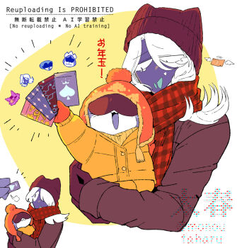 3boys :3 :d alternate_costume animal_hat beanie black_eyes blue_skin blue_tongue blush border brown_jacket buttons card carrying carrying_person cat_hat colored_skin colored_tongue commentary_request cropped_torso deltarune eyes_visible_through_hair flipped_hair gloves hair_over_one_eye hat holding holding_card jacket king_(deltarune) lancer_(deltarune) long_sleeves looking_at_another lower_eyelashes_only male_focus medium_hair multiple_boys multiple_views open_mouth orange_gloves orange_hat orange_jacket outside_border plaid_clothes plaid_scarf pom_pom_(clothes) queen_(deltarune) raised_inner_eyebrows red_gloves red_hat red_scarf ribbed_sweater rouxls_kaard scarf seam_(deltarune) simple_background smile spade_(shape) sweater taharu_(papiyas) turtleneck turtleneck_sweater twitter_username utdr_(toby_fox) watermark white_border white_hair yellow_background yellow_sweater