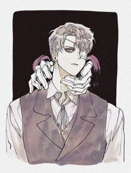 2boys black_background black_vest border brown_eyes brown_hair closed_mouth collared_shirt commentary cropped_torso daan_(fear_&amp;_hunger) eyepatch fear_&amp;_hunger_(series) fear_&amp;_hunger_2:_termina gloves highres male_focus medical_eyepatch multiple_boys neck_ribbon nul outside_border pocketcat_(fear_&amp;_hunger) ribbon shirt short_hair solo_focus vest white_border white_gloves white_ribbon white_shirt