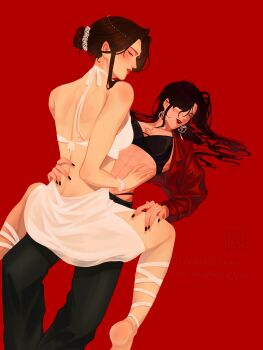 2girls abs barefoot black_bra black_hair black_nails black_pants bra breasts cleavage dress earrings genderswap genderswap_(mtf) hair_up hand_on_another&#039;s_stomach hand_on_another&#039;s_thigh highres hua_cheng jacket jewelry multiple_girls neminbora pants parted_lips red_background red_jacket red_lips simple_background straddling tianguan_cifu twitter_username underwear white_dress xie_lian yuri