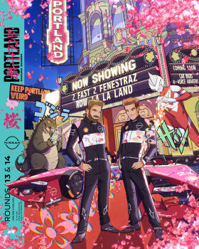 Rule 34 | 2 fast 2 furious, 2boys, beard, black eyes, black jumpsuit, blue eyes, brown eyes, brown hair, car, cherry blossoms, chromatic aberration, colored sclera, facial hair, fast & furious, fast &amp; furious, federation internationale de l'automobile, formula e, formula racer, french flag, godzilla, godzilla (series), hands on own hips, heart, heart hands, highres, hollywood theatre, juan alcala, jumpsuit, la la land, logo, male focus, motor vehicle, movie theater, multiple boys, mustache, night, nismo, nissan, official art, oliver rowland, orange sclera, parody, parted lips, petals, portland (oregon), race vehicle, racecar, racing suit, real life, real world location, sacha fenestraz, shell (company), shoes, sky, smile, sneakers, standing, star wars, star wars: the force awakens, title parody, toho, tree, ultra series, union jack, western comics (style), yellow eyes