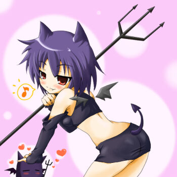 1girl 2000s_(style) ass black_shorts black_wings blush breasts closed_mouth commentary_request cowboy_shot demon_girl demon_tail demon_wings deviruchi eighth_note fang fang_out headpat heart holding holding_polearm holding_weapon looking_at_viewer medium_breasts midriff musical_note neko_yume personification pink_background polearm purple_hair ragnarok_online red_eyes short_hair shorts smile solo tail trident weapon wings