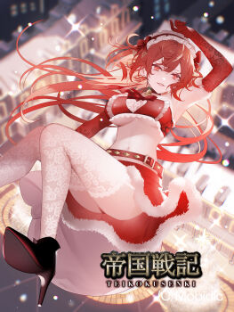 Rule 34 | 1girl, absurdres, arm up, armpits, bandeau, bare shoulders, bell, belt, black shoes, blurry, breasts, character request, choker, commentary request, copyright name, crop top, depth of field, elbow gloves, frilled bandeau, frilled headwear, fur-trimmed skirt, fur trim, gloves, headdress, high heels, highres, lace, lace-trimmed thighhighs, lace trim, large breasts, long hair, looking at viewer, midriff, miniskirt, navel, official art, open mouth, red bandeau, red choker, red eyes, red gloves, red hair, red skirt, shoes, skirt, smile, solo, stomach, strapless, teikoku senki, thighhighs, tube top, underboob, white thighhighs, yuuki kira