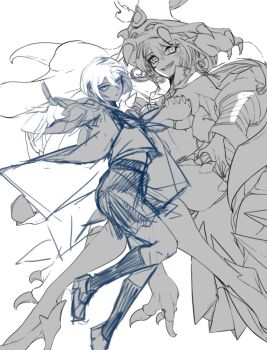 2girls appmon claws digimon hat long_hair multiple_girls pointy_ears uruu_0502 warudamon witch_hat