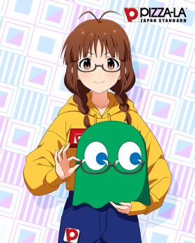 1girl akizuki_ritsuko antenna_hair blue_eyes brown_eyes brown_hair card_(medium) english_text ghost glasses holding hood hoodie idolmaster idolmaster_million_live! idolmaster_million_live!_theater_days low_twin_braids official_art pac-man_(game) smile twin_braids