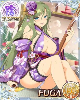 1girl blue_eyes border breasts card_(medium) character_name cleavage cleavage_cutout clothing_cutout detached_sleeves english_text flower fuga_(senran_kagura) game_cg green_hair hair_flower hair_ornament holding holding_instrument holding_plectrum instrument japanese_clothes kimono large_breasts long_hair looking_at_viewer mole mole_under_eye official_alternate_costume official_art open_mouth panties pantyshot plectrum purple_kimono senran_kagura senran_kagura_new_wave shamisen sitting smile solo sweat swept_bangs underwear wet white_panties