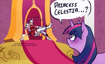 absurdres animal_ears boots deserteduo gold_ship_(umamusume) highres horns horse horse_ears horse_girl horse_tail my_little_pony my_little_pony:_friendship_is_magic princess single_horn sitting speech_bubble tail throne twilight_sparkle umamusume unicorn waving