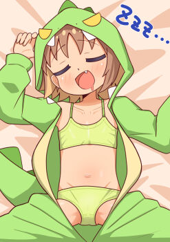 1girl :d absurdres bra brown_hair closed_eyes cosplay dinosaur_costume fang gtmd0gjamw highres kigurumi loli lying navel oka_asahi on_back onii-chan_wa_oshimai! open_clothes open_mouth panties sleeping smile solo spread_legs underwear