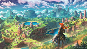 1girl ahoge artist_name black_gloves blue_eyes blue_sky closed_mouth cloud commentary_request elf fantasy fingerless_gloves gloves grass highres holding holding_sword holding_weapon long_hair low_twintails nagi_itsuki orange_hair original pointy_ears scenery sky solo sword tree twintails weapon