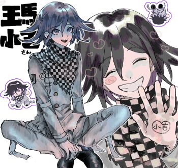 Rule 34 | 1boy, arm belt, black hair, blush stickers, buttons, checkered clothes, checkered scarf, chibi, closed eyes, commentary, crossed ankles, danganronpa (series), danganronpa v3: killing harmony, flipped hair, grin, hair between eyes, hand up, heart, highres, long sleeves, looking at viewer, male focus, medium hair, multicolored buttons, oma kokichi, open mouth, outline, pale skin, pants, pitta (oshirinokeeeee), purple eyes, purple hair, scarf, simple background, sitting, smile, solo, straitjacket, teeth, thigh strap, translation request, two-tone scarf, white background