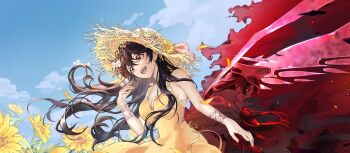 2girls :d alternate_costume arm_ribbon bambietta_basterbine bare_shoulders black_hair bleach bleach:_sennen_kessen-hen blue_sky breasts bug butterfly butterfly_on_hand cape cleavage cloud commentary cowboy_shot day deadman70232800 dress dual_persona evil_grin evil_smile eyelashes falling_petals field floating_hair flower flower_field grey_eyes grin hair_between_eyes hand_up happy hat hat_flower highres insect jewelry large_breasts long_hair looking_ahead looking_down military_hat military_uniform multiple_girls open_mouth outdoors petals pink_ribbon plunging_neckline red_sky ribbon ring sidelocks sky sleeveless sleeveless_dress smile straw_hat sunflower sunflower_field teeth tongue very_long_hair white_butterfly white_cape yellow_dress