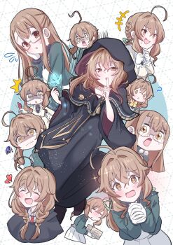 1girl :&lt; ? ahoge aqua_jacket black_robe braid brown_eyes brown_hair crying crying_with_eyes_open dress fidgeting finger_to_mouth giorgio_(yo_sumire_sola1) glasses gloves heart highres holding holding_paper jacket long_hair monica_everett multiple_views paper ribbon robe scared school_uniform shaded_face shushing silent_witch sleepy smirk solo sparkling_eyes squiggle tears white_dress white_gloves